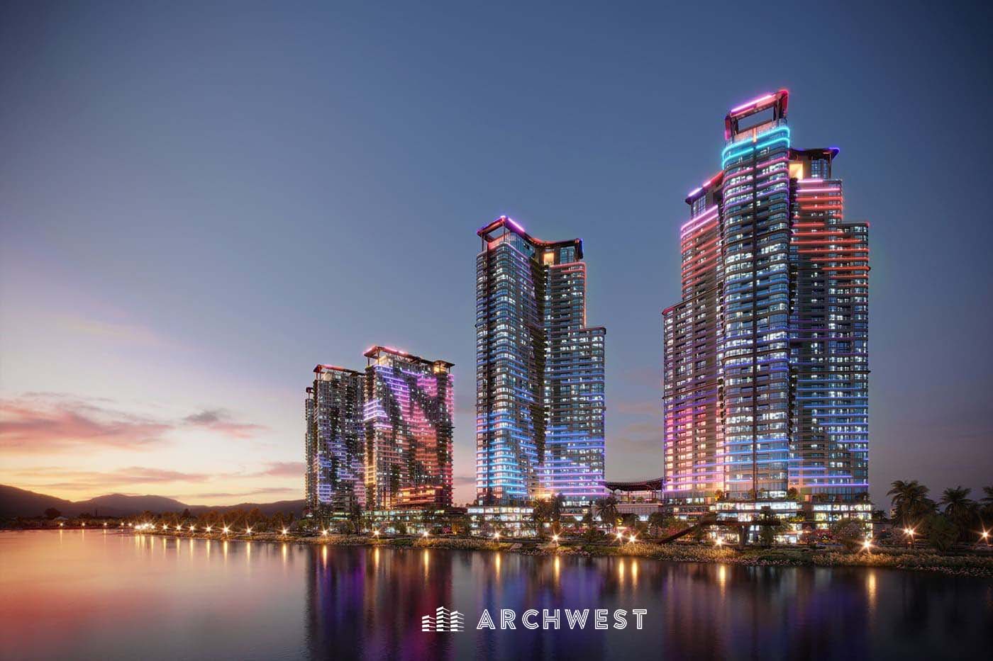 1. 3D Render of Illuminated city skyline with waterfront reflections, New York City, New York